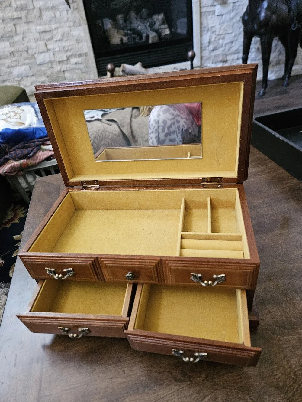 Musical Jewelry Box, Toyo Japan Oak Yellow Velvet Padding Carved Wood 1930's